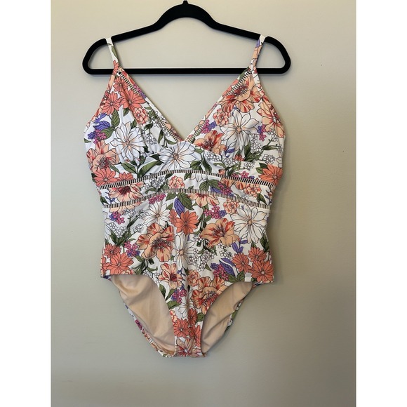 Kona Sol One Piece Swimsuit Women's Sz XL Floral Ladder Trim Medium Coverage - Picture 1 of 6